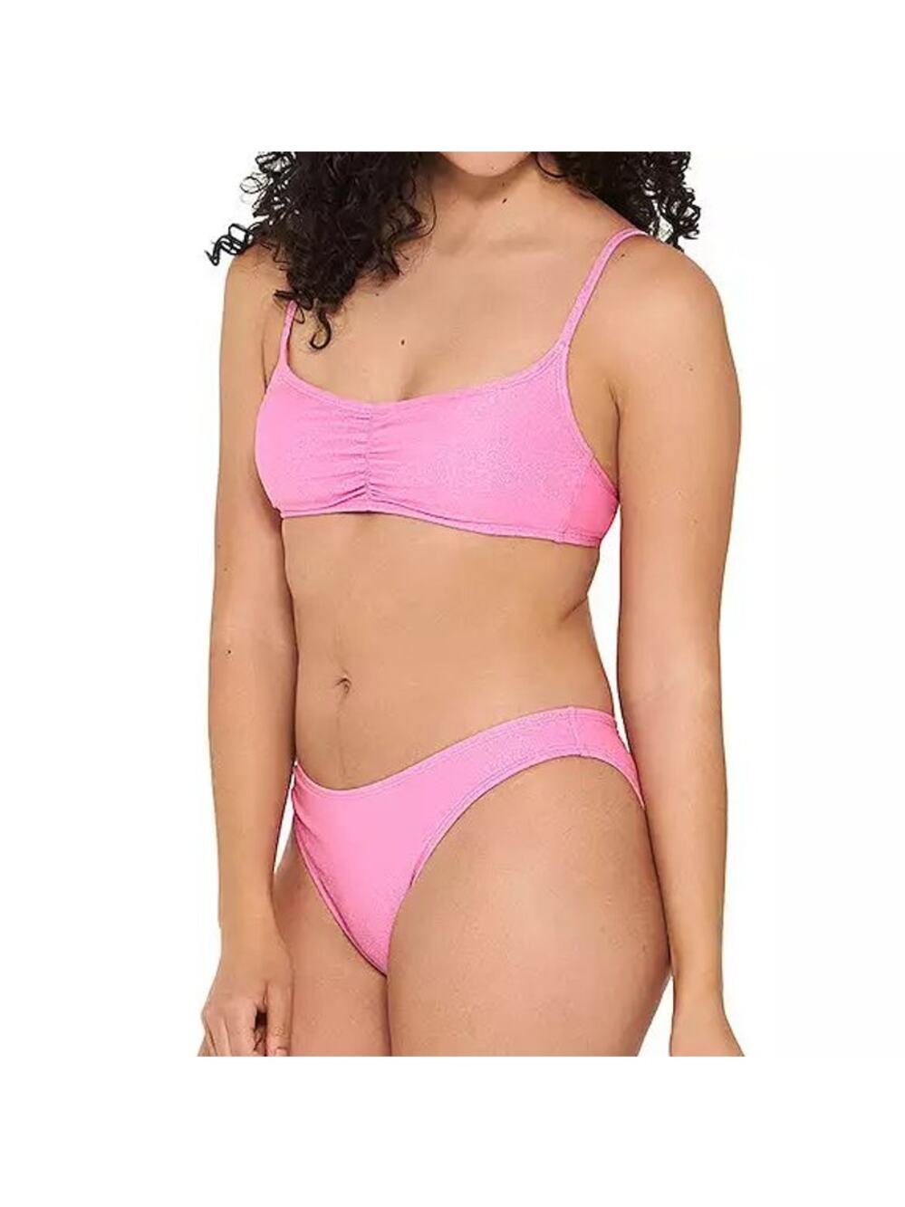 Ninety Nine Shirred Bralette Hi Leg V Waist Cheeky Bikini Swim Set Pink Shine M